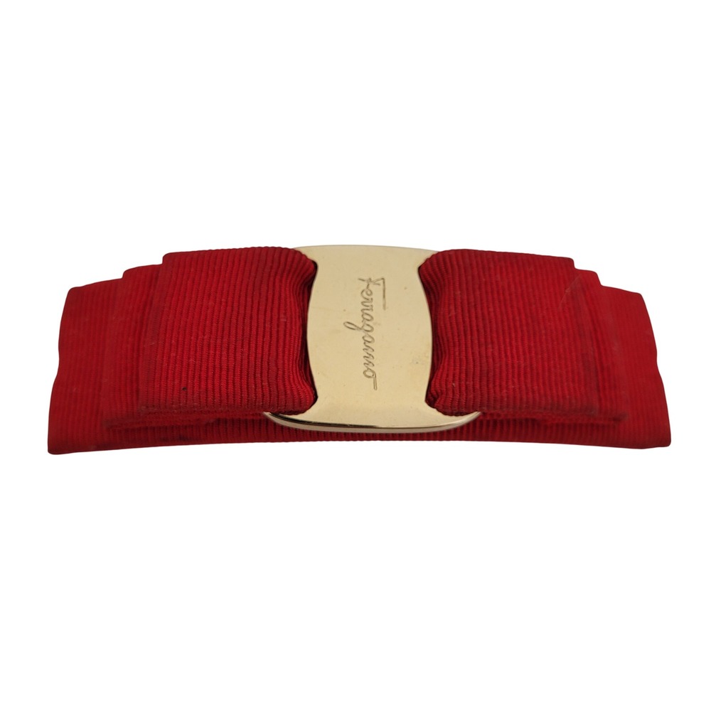 Salvatore Ferragamo Vara Bow Hair Clip Red Grosgrain Gold Tone Barrette Italy